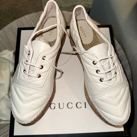 Gucci Par Amour Nappa Charlotte Platform Espadrille White Leather Shoes SZ 38 - Picture 1 of 6